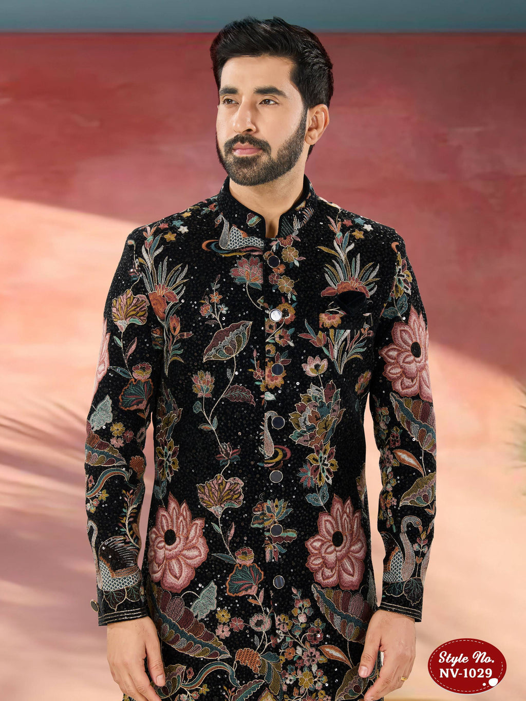 Joban Fashion Men's Blue Base ( Multi-Colour ) Straight Velvet Thread And Sequence Embroidary All Over Indo-Western Kurta Set
