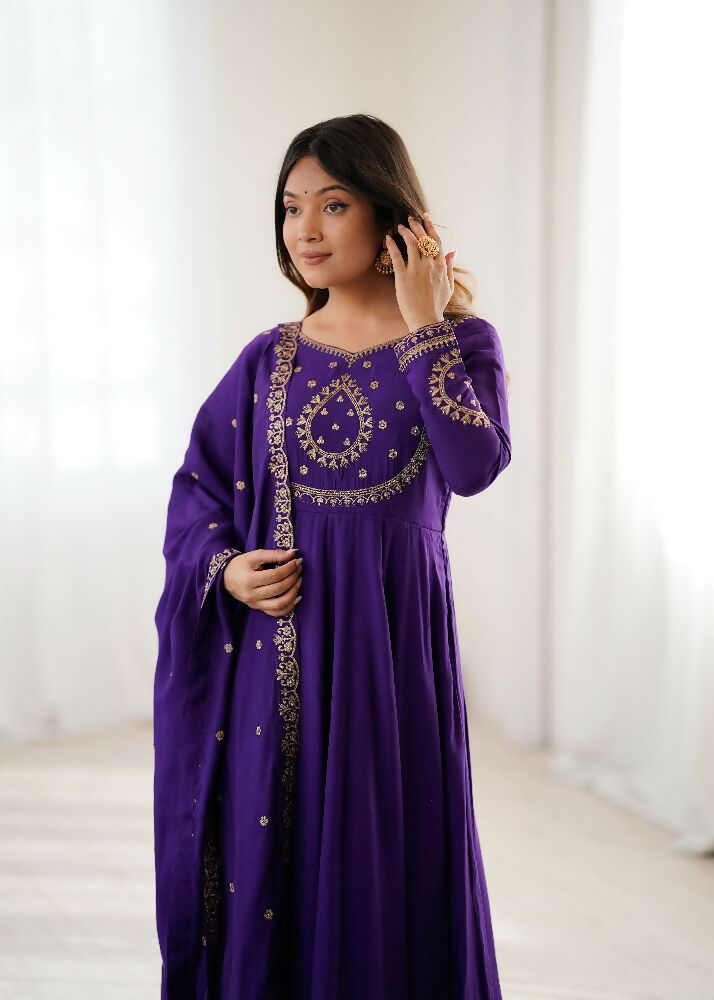 The52 Women's Beautiful Embroidery Work Roman Chanderi Silk Fabric Flared Anarkali Pant and Dupatta Set - Distacart