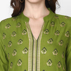 Cheera Hand Block Print Olive Green & Skin Color Straight Kurta With Palazzo (MAAI-070K)