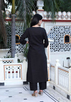 Miravan Women's Black Floral Printed Straight Kurta with Palazzo