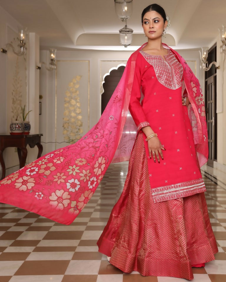 Jyoti Fashion Women's Pink Cotton Silk Floral Print with Embroidered Kurta Set