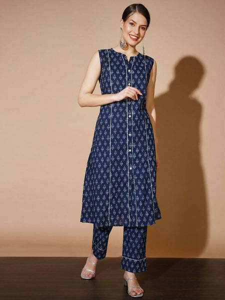 Myshka Women Blue Printed Kurta & Trousers