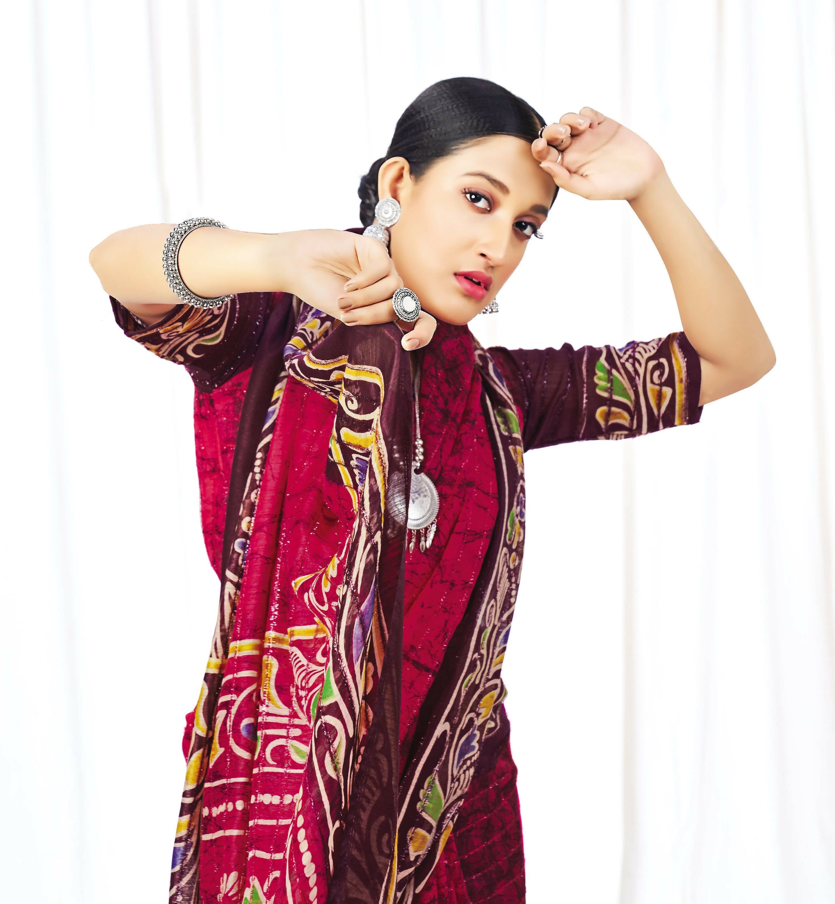 Red Chanderi Cotton Floral Printed Saree With Unstitched Blouse Piece - Kathika