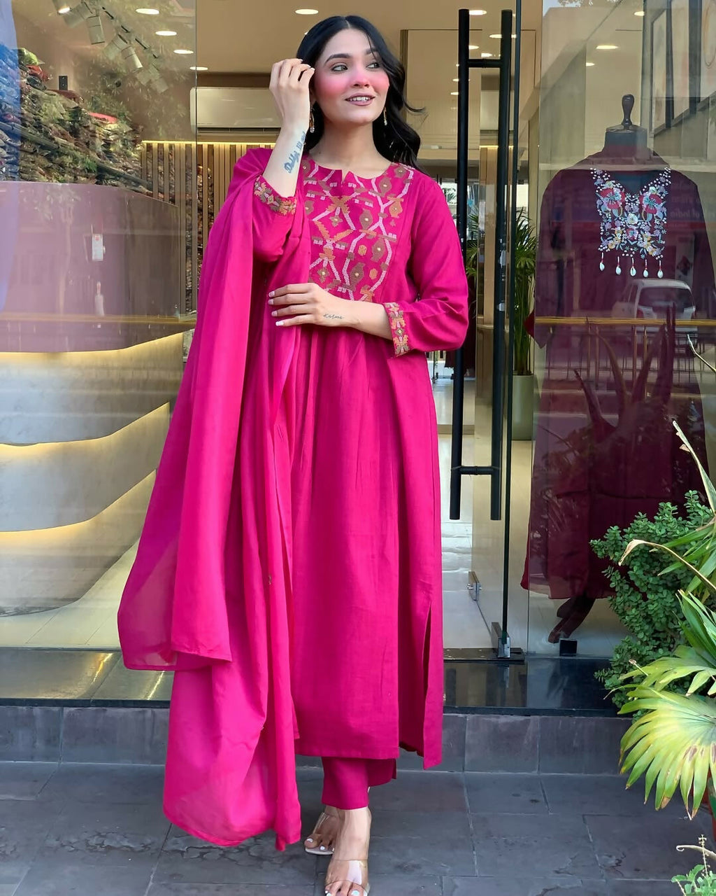 The52 Pink Women's Gorgeous Chanderi Fabric Embroidered Work Straight Kurta Pant and Dupatta Set - Distacart