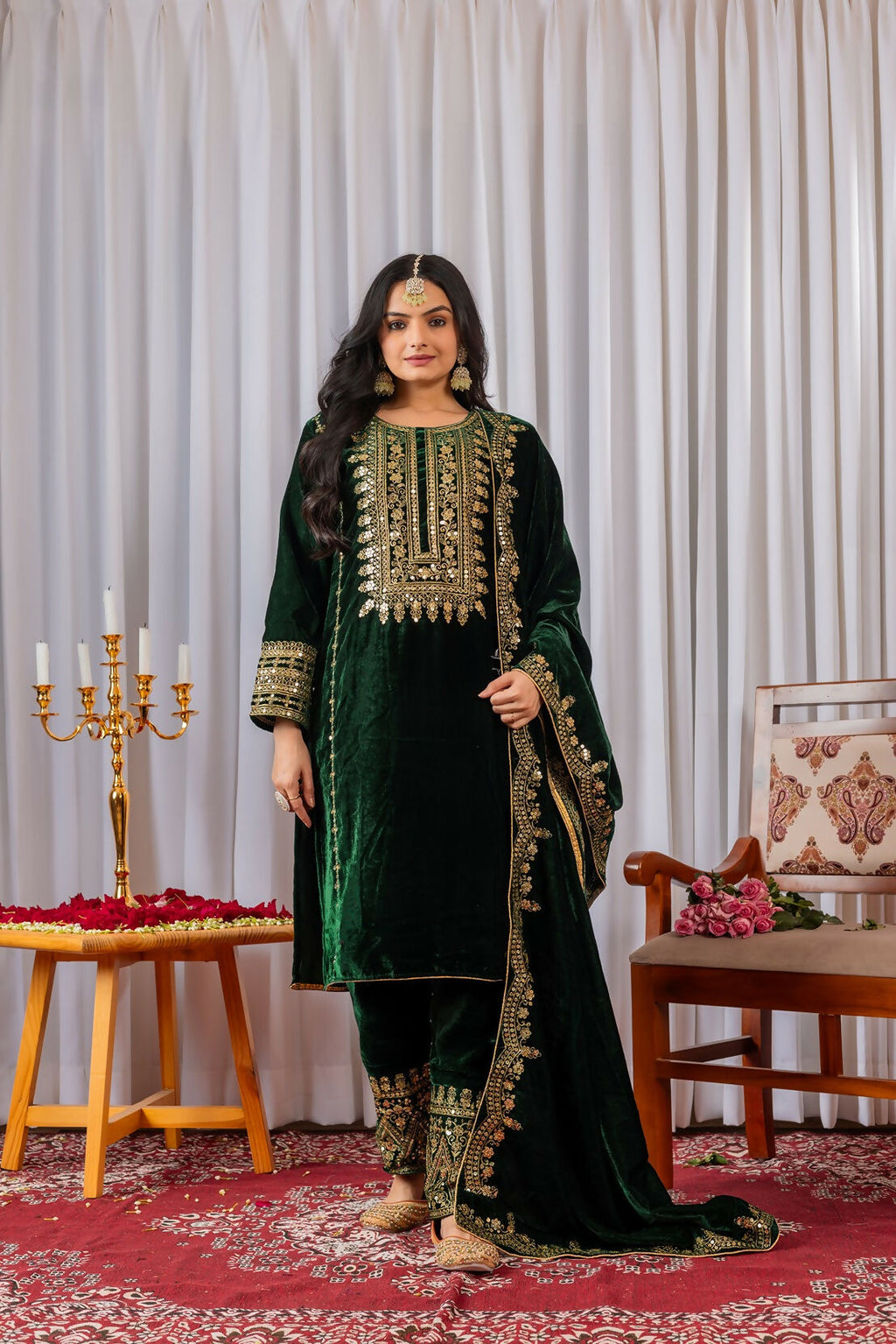 Joban Fashion Green Velvet Sequence Embroidery Work Kurta Set - Distacart