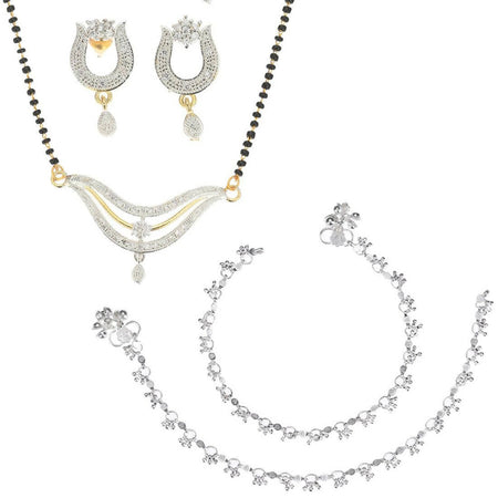 AanyaCentric Gold-Polished Mangalsutra Pendant Earring Set & Silver Plated Anklet