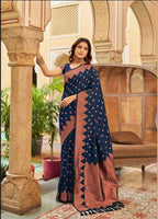 DEIANA'S Beautiful Designer Golden zari Soft Lichi Silk Saree - Navy Blue