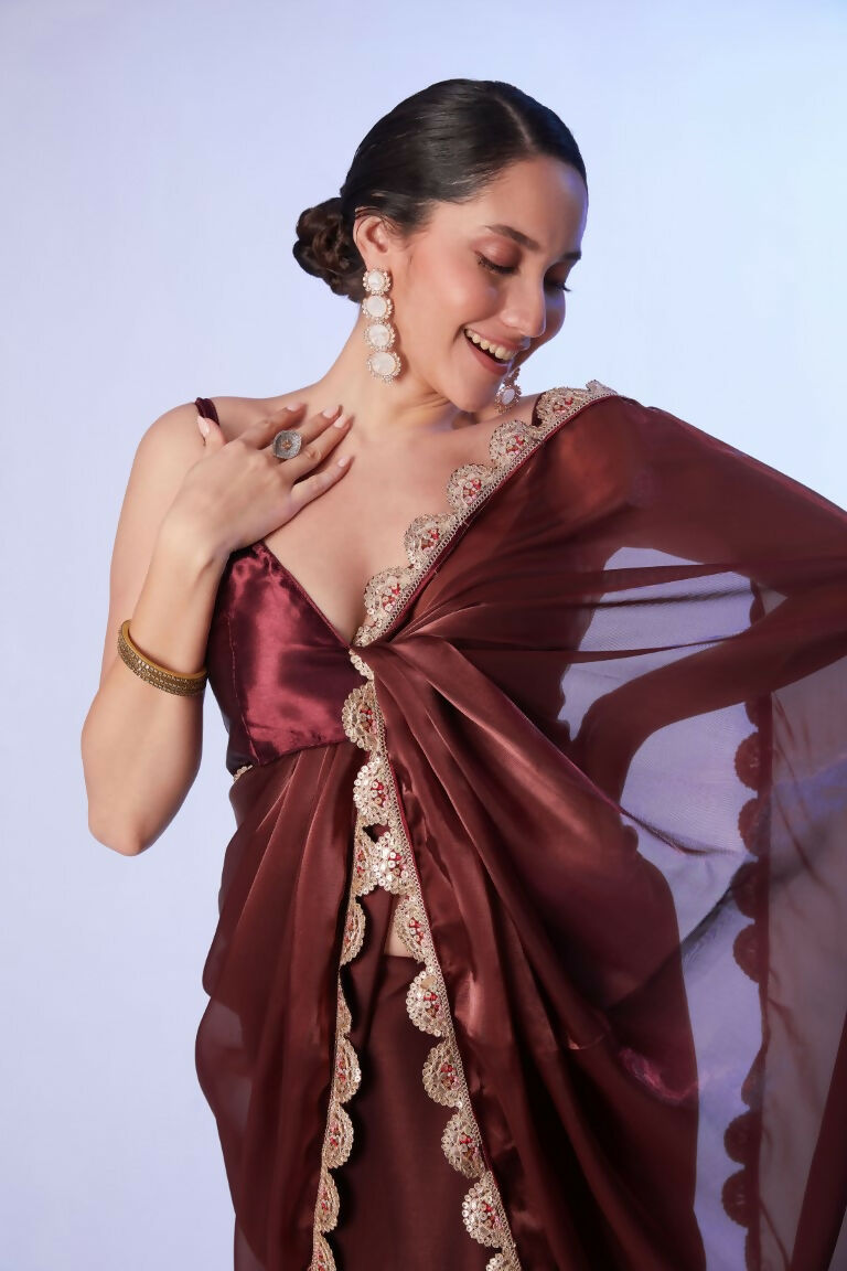 Coffee Brown Satin Solid Designer & Lace Work Saree - Samaa