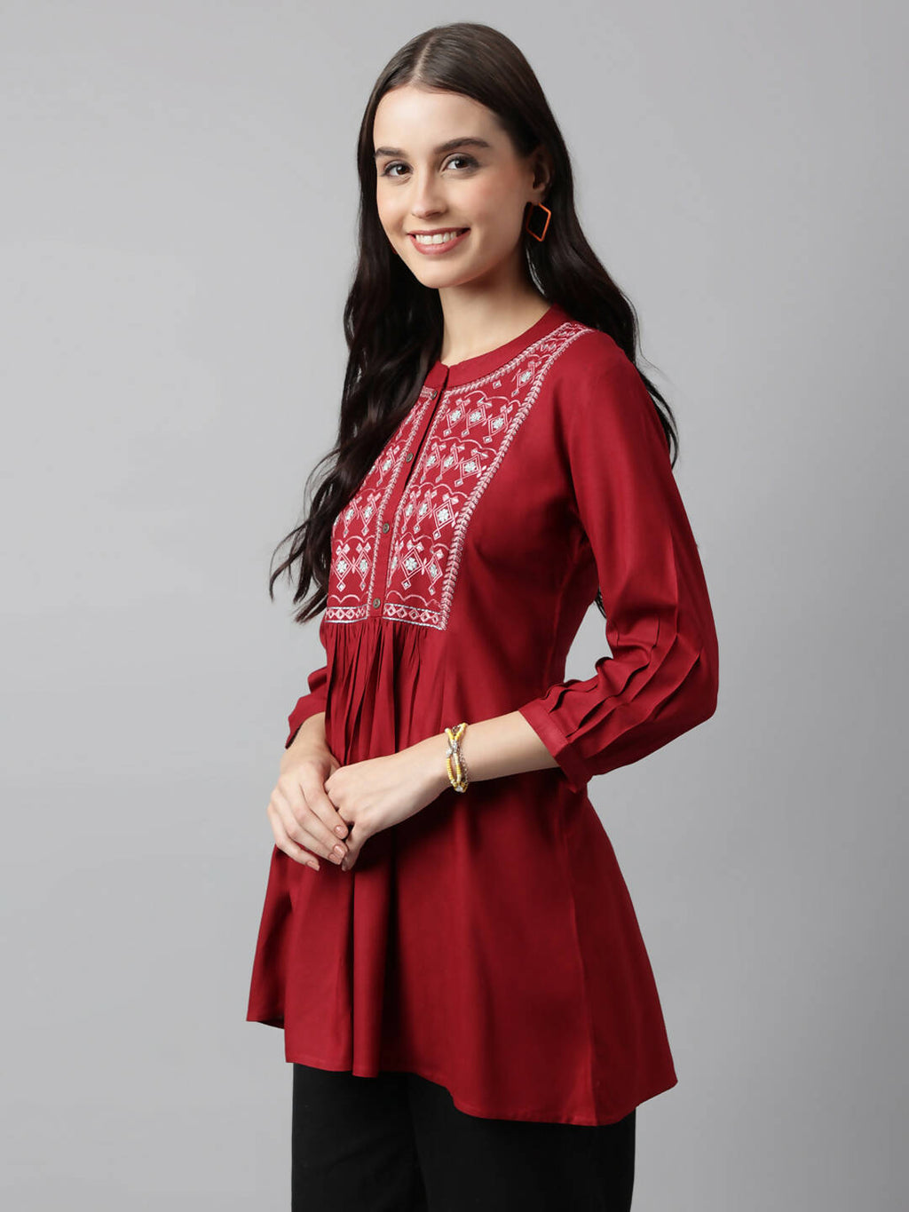 Red Rayon Yoke Embroidered A-line Top - Tarini