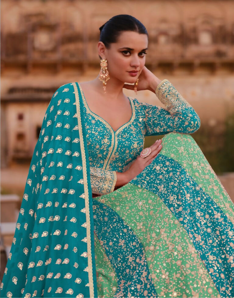 Vastranavya Stunning Turquoise Georgette Embroidered Sequins A Line Anarkali Suit