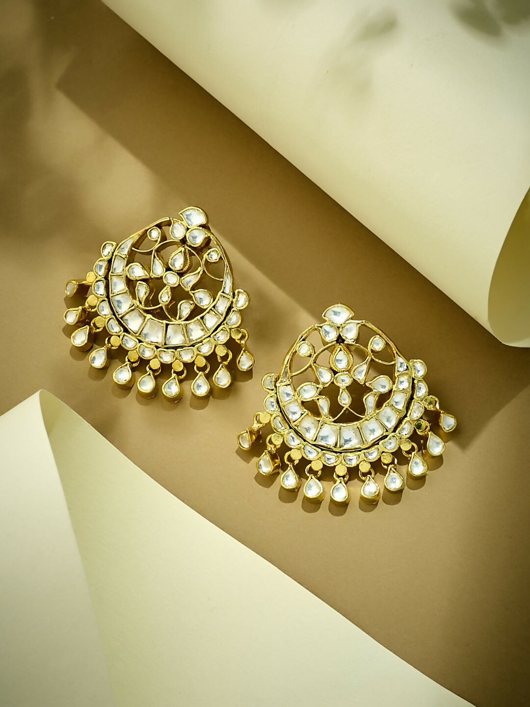 Nuyug 22K Gold-Plated Kundan Stone Studded & Pearl Beaded Moon Chandbalis - Distacart