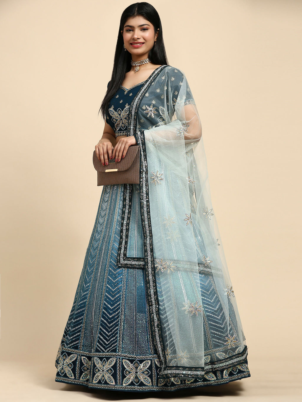 Blue Fancy Net Sequence Embroidered Lehenga Choli with Dupatta - Dhara