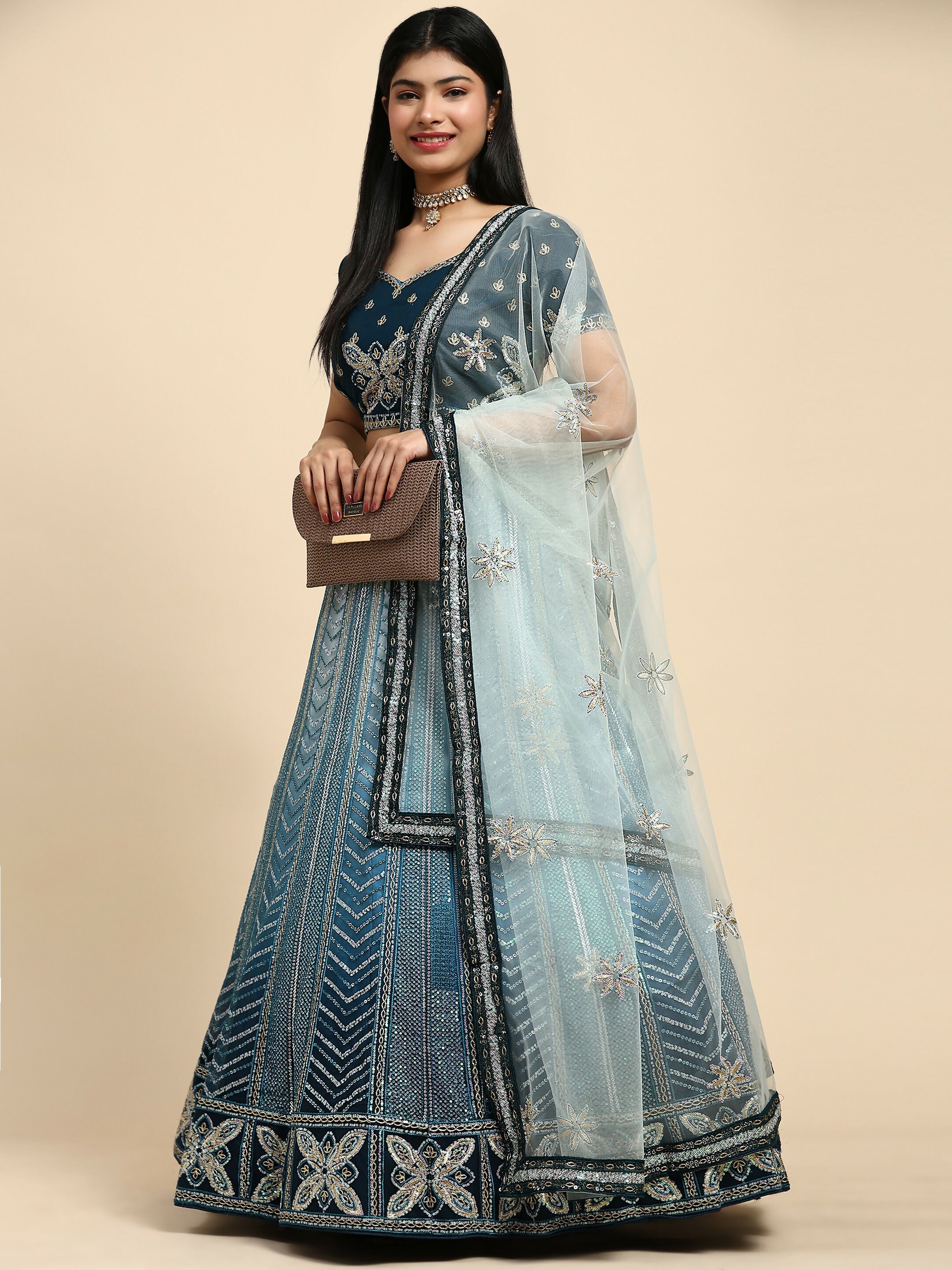 Blue Fancy Net Sequence Embroidered Lehenga Choli with Dupatta - Dhara
