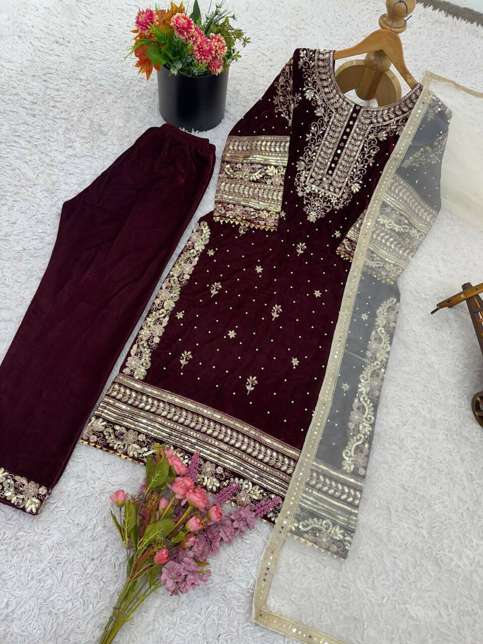 Teeya Creation Maroon Color Velvet Designer Embroidery Work party Wear Suit - Distacart