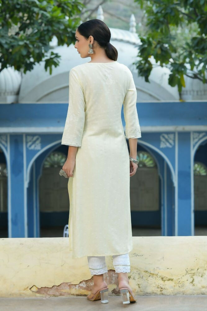 Juniper Light Yellow Ethnic Motif Printed Rayon Kurta With Lace Work