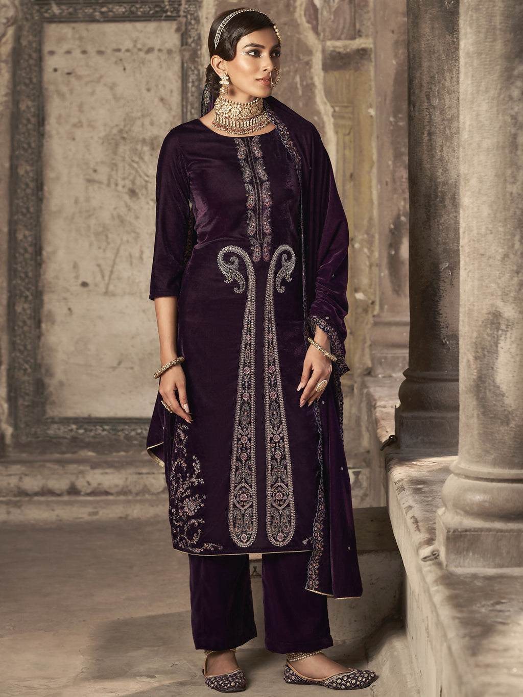 Jyoti Fashion Women's Wine Velvet Floral Resham Thread with Jari work Kurta with Trouser & Dupatta