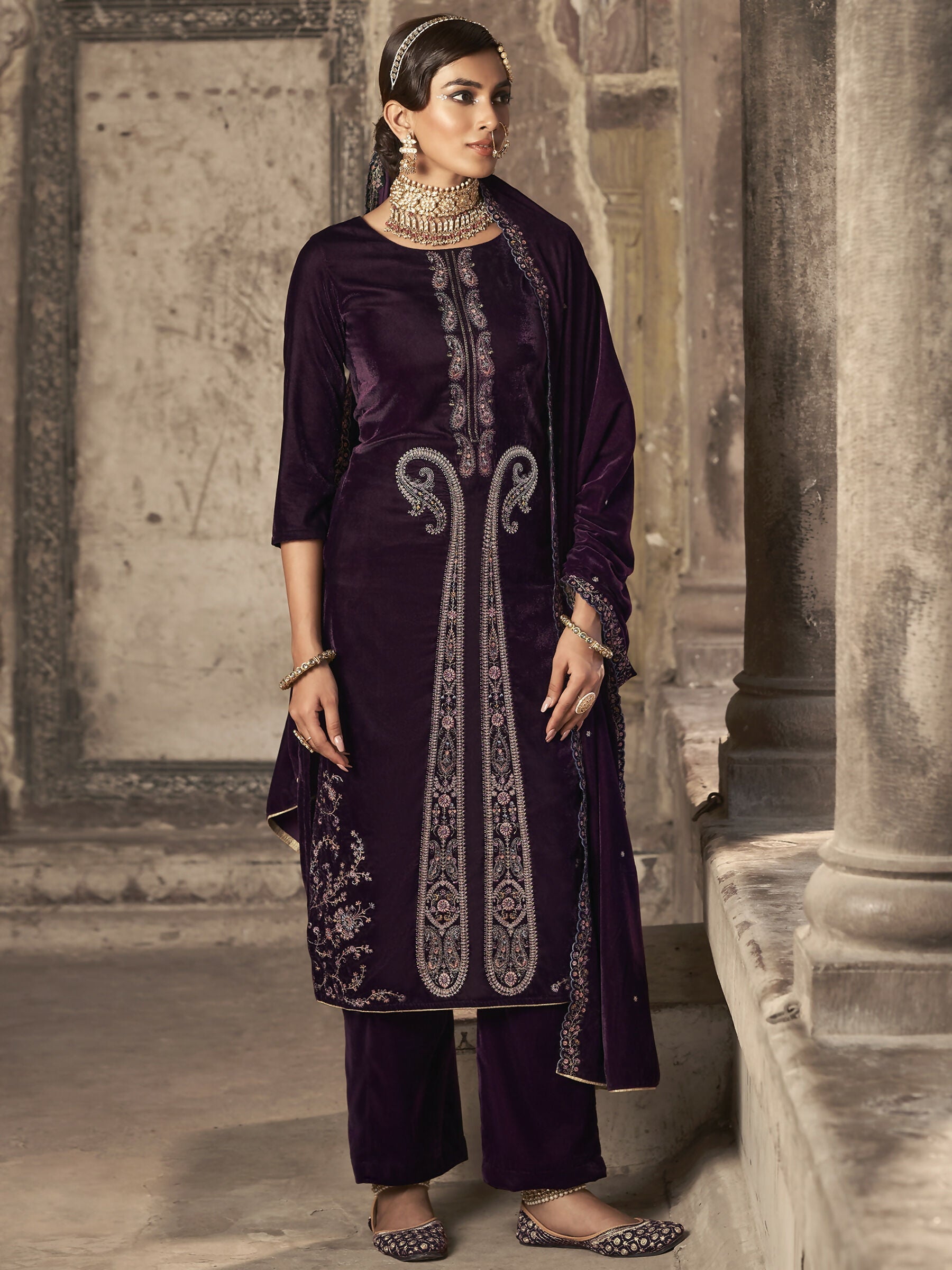 Jyoti Fashion Women's Wine Velvet Floral Resham Thread with Jari work Kurta with Trouser & Dupatta