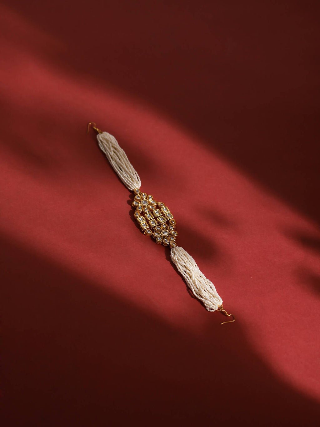 Gold-Plated White Kundan-Studded Pearl Beaded Hair Band - Ruby Raang - Distacart