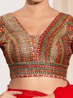 Joban Fashion Red Multi Brocade Padded Blouse With V Neck Elbow Sleeves - Distacart