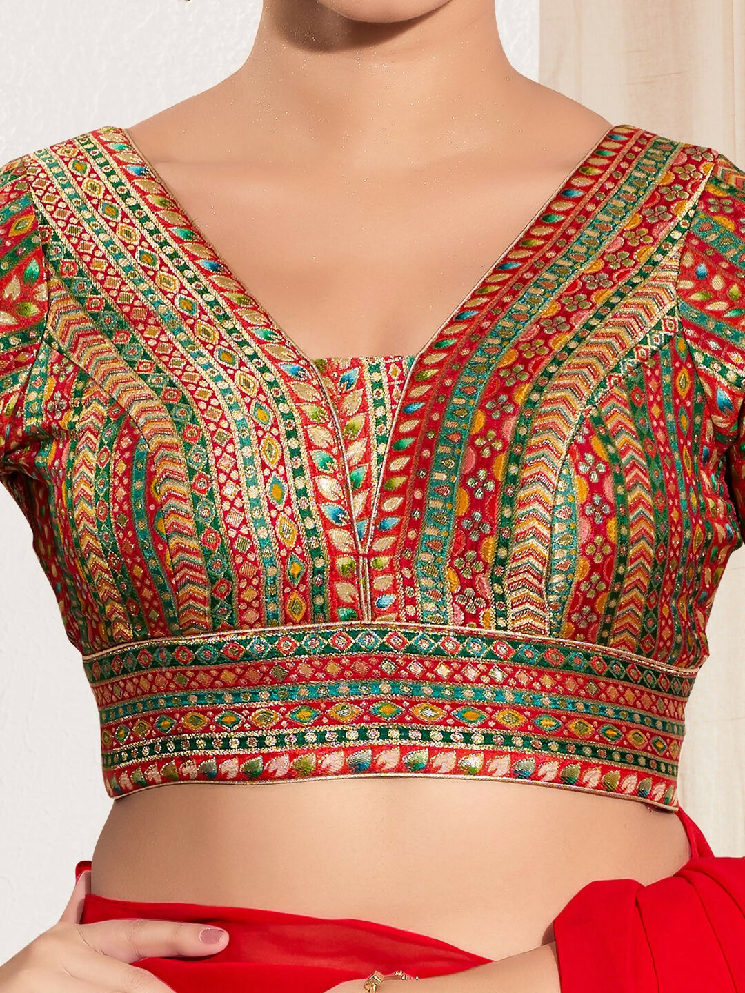 Joban Fashion Red Multi Brocade Padded Blouse With V Neck Elbow Sleeves - Distacart