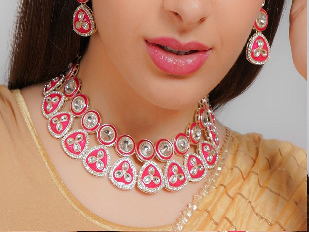 Divisha Alloy Gold-plated Pink Meena Western Jewellery Set