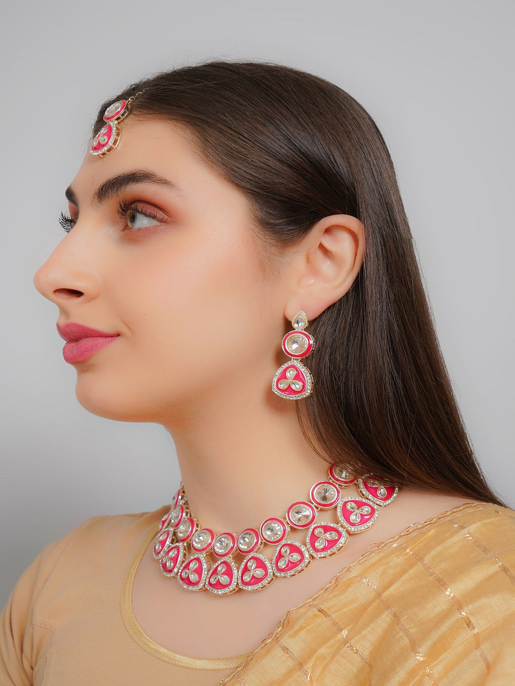 Divisha Alloy Gold-plated Pink Meena Western Jewellery Set