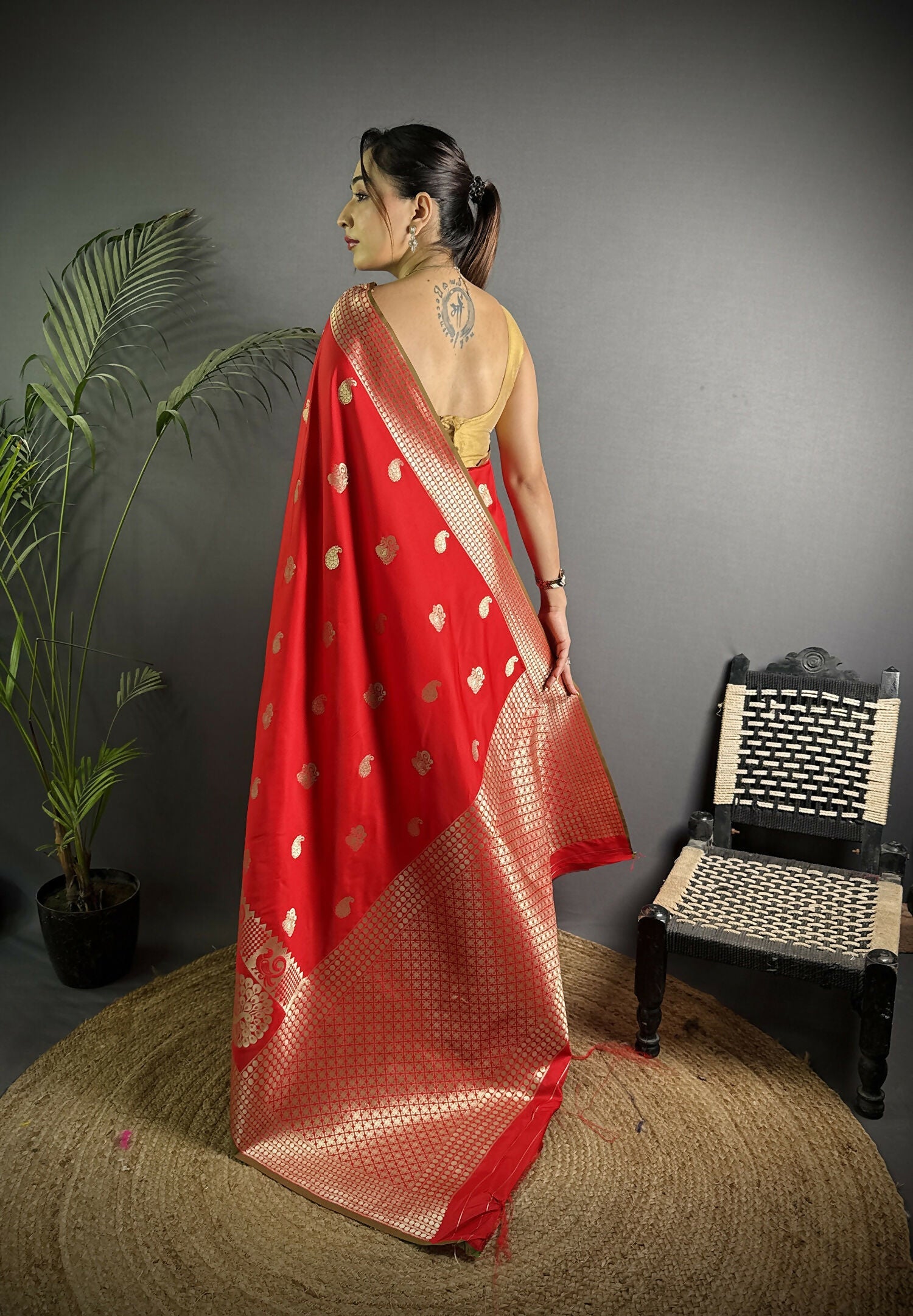 Joban Fashion Red Banarasi Soft Lichi Silk Paisley Saree - Distacart