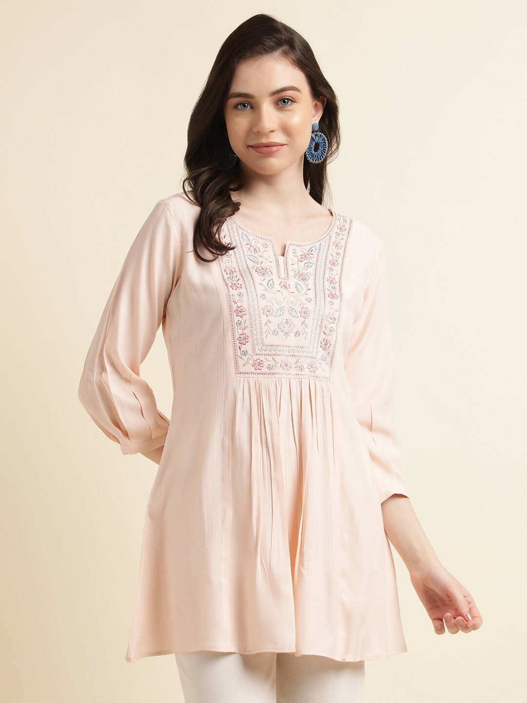 Peach Viscose Rayon Yoke Embroidered A-line Top - Tarini
