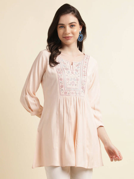 Peach Viscose Rayon Yoke Embroidered A-line Top - Tarini