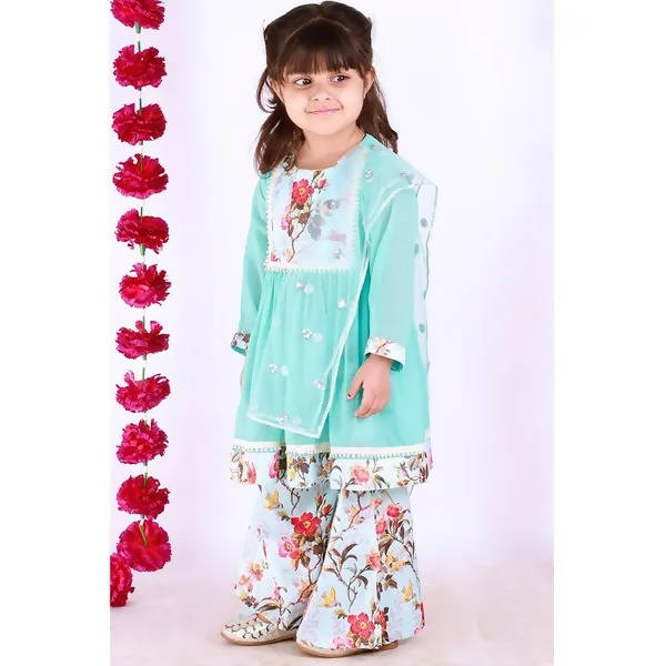 Little Bansi Girls Blue Color Floral print Kurta Frock with Floral Palazzo and Dupatta