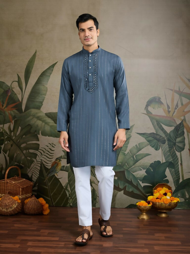Vastranavya Blue Grey Exclusive Viscose Rayon Festival Wear Real Mirror Work Kurta with Dupatta