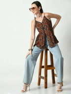 Myshka Women's Rust Printed Sweetheart Neck Top