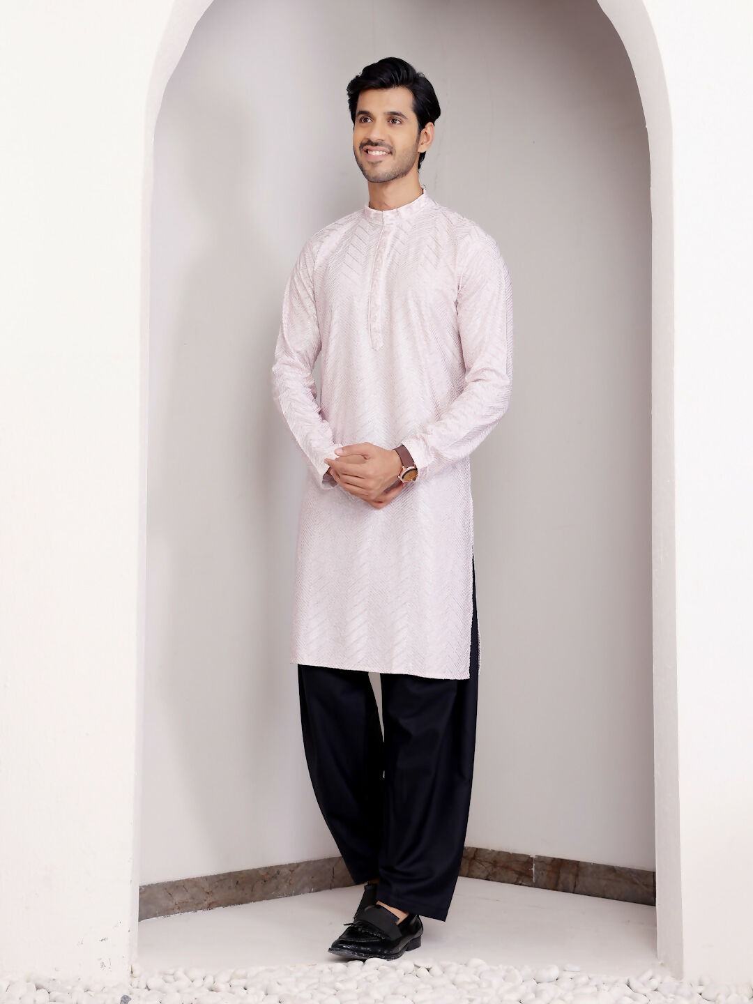Light Pink Georgette Designer Chikankari Embroidery Work Men's Kurta - Mahotsav