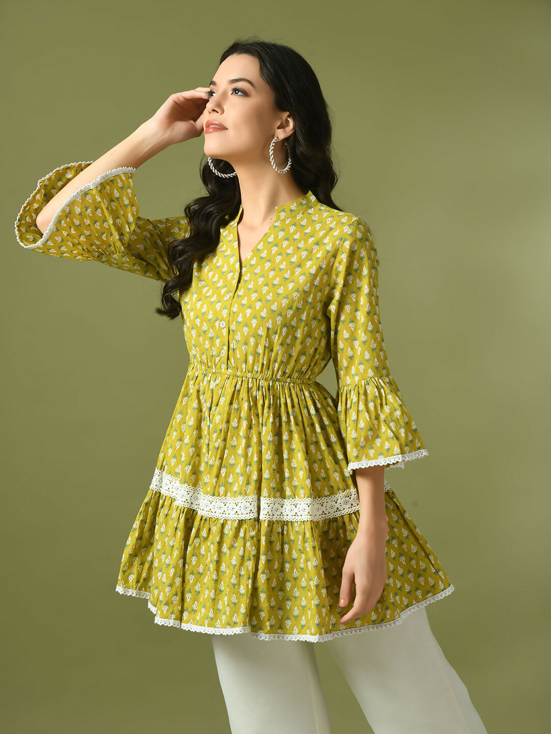 Myshka Women's Yellow Embellished Cotton Gathered Party Empire Top