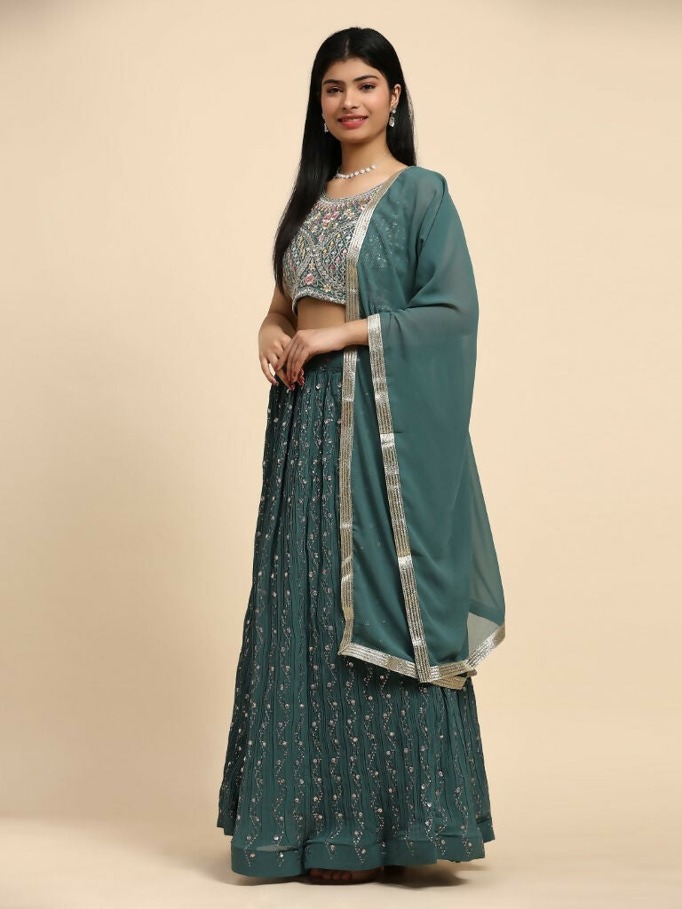 Green Georgette Embroidered Lehenga choli with Dupatta - Dhara