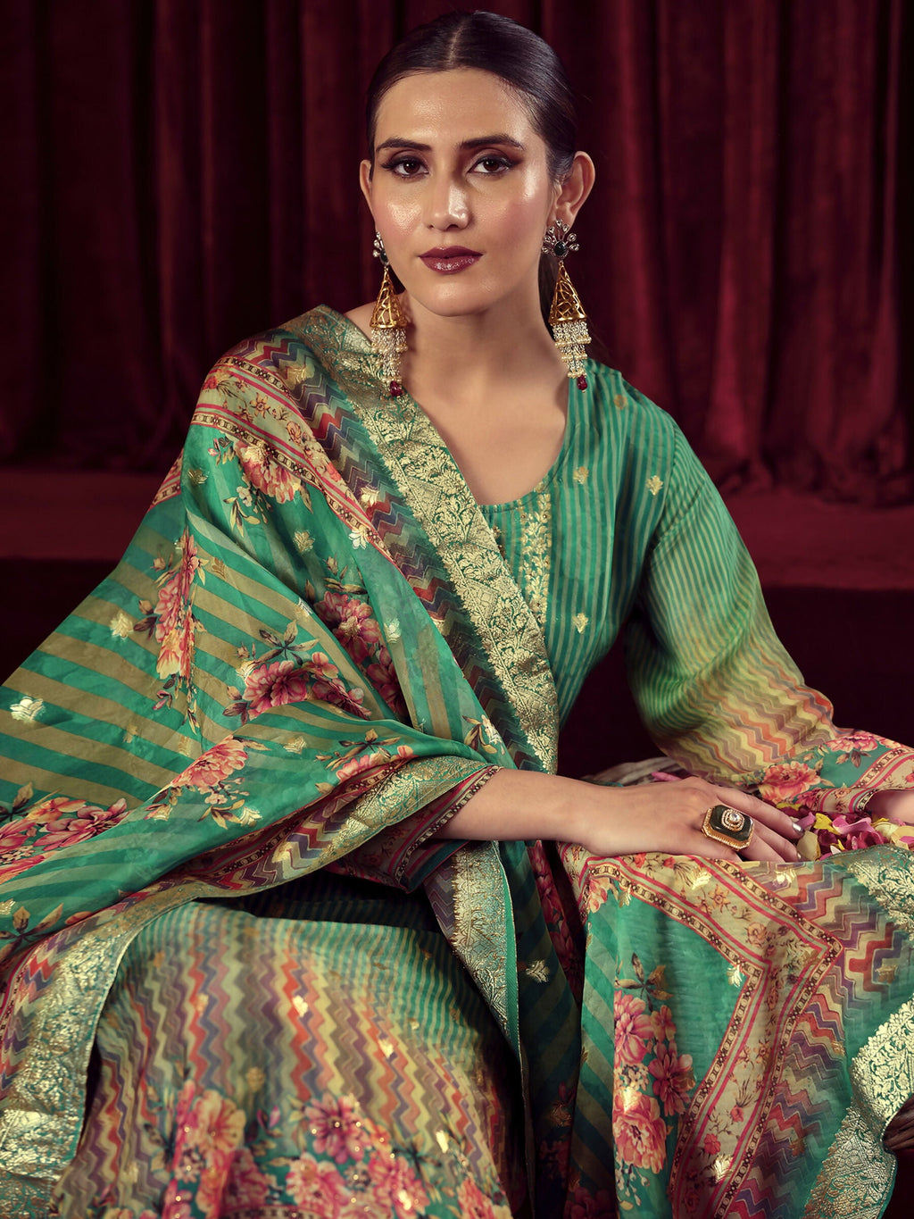 Jyoti Fashion Women's Green Organza Jacquard Woven Kurta with Trouser & Dupatta