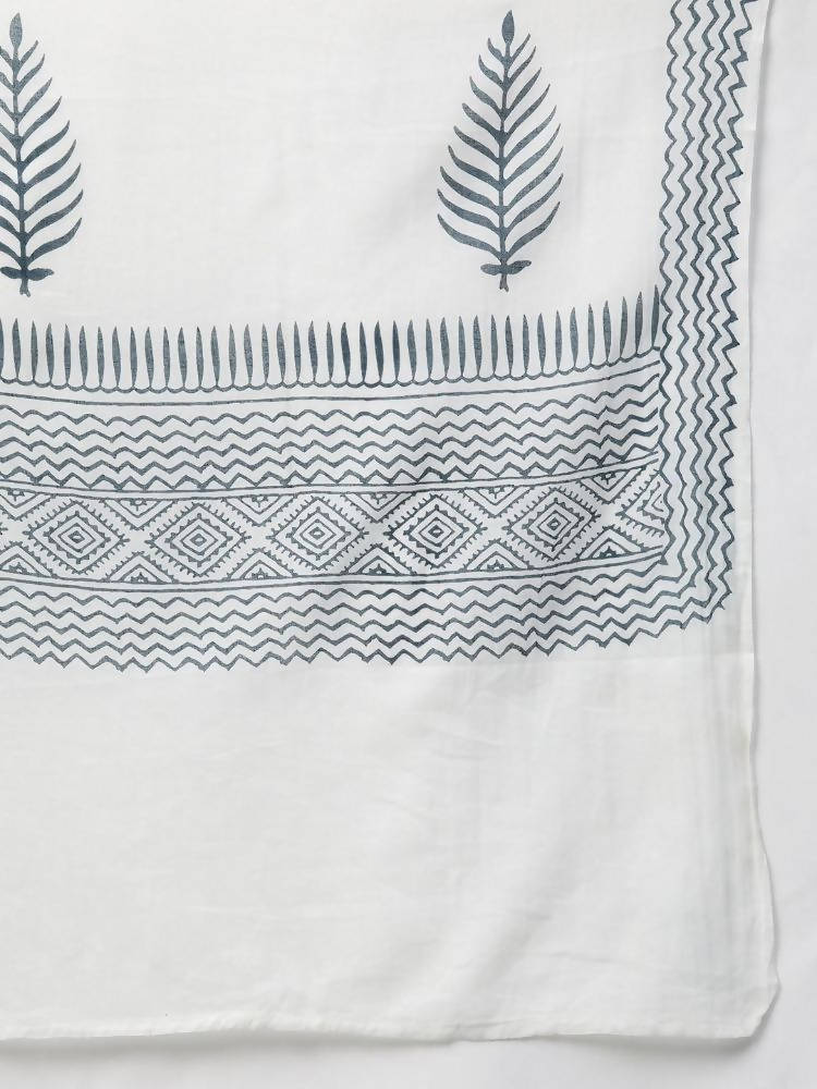 YuftaWomen Navy Blue & White Yoke Design Thread Work Cotton Kurta with Palazzo & Dupatta