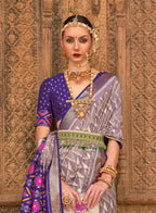 Grey Silk Geometric Printed Saree With Unstitched Blouse Piece - Aanchal