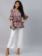 Yufta Women Red & White Bell Sleeve Layered Handblock Ethnic Motifs Print Regular Top