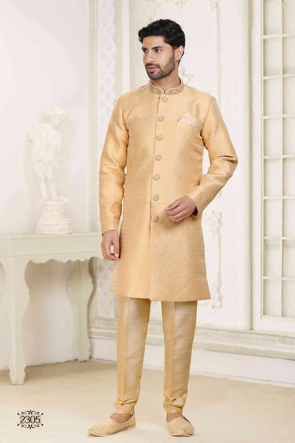 Raivat Ethnic Banarasi Jacquard Embroidery Semi Indo Western Sherwani In Beige Colour