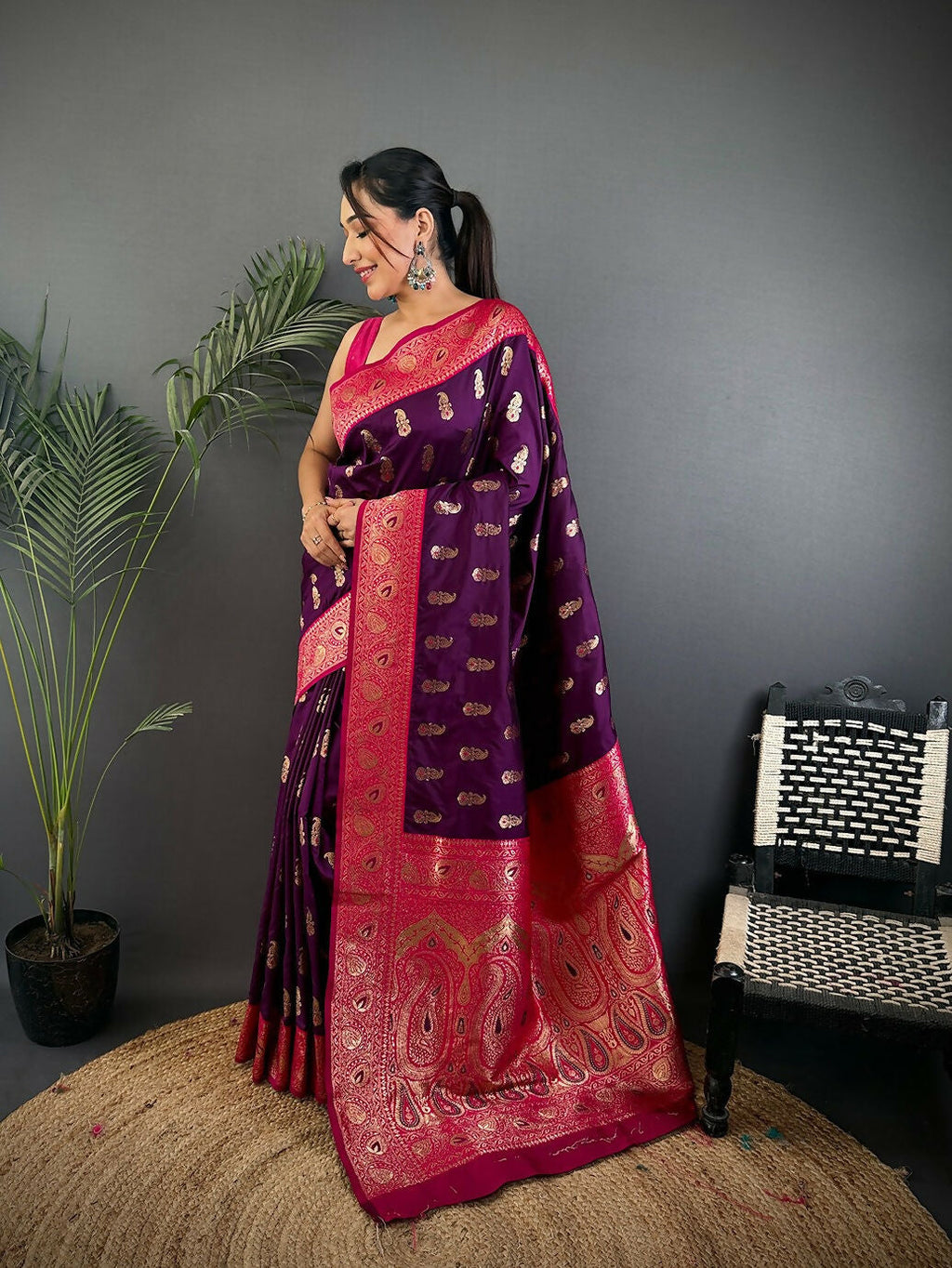 Joban Fashion Banarasi Purple Woven Butti Soft Silk Saree - Distacart