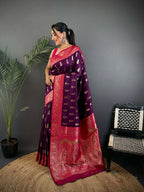 Joban Fashion Banarasi Purple Woven Butti Soft Silk Saree - Distacart