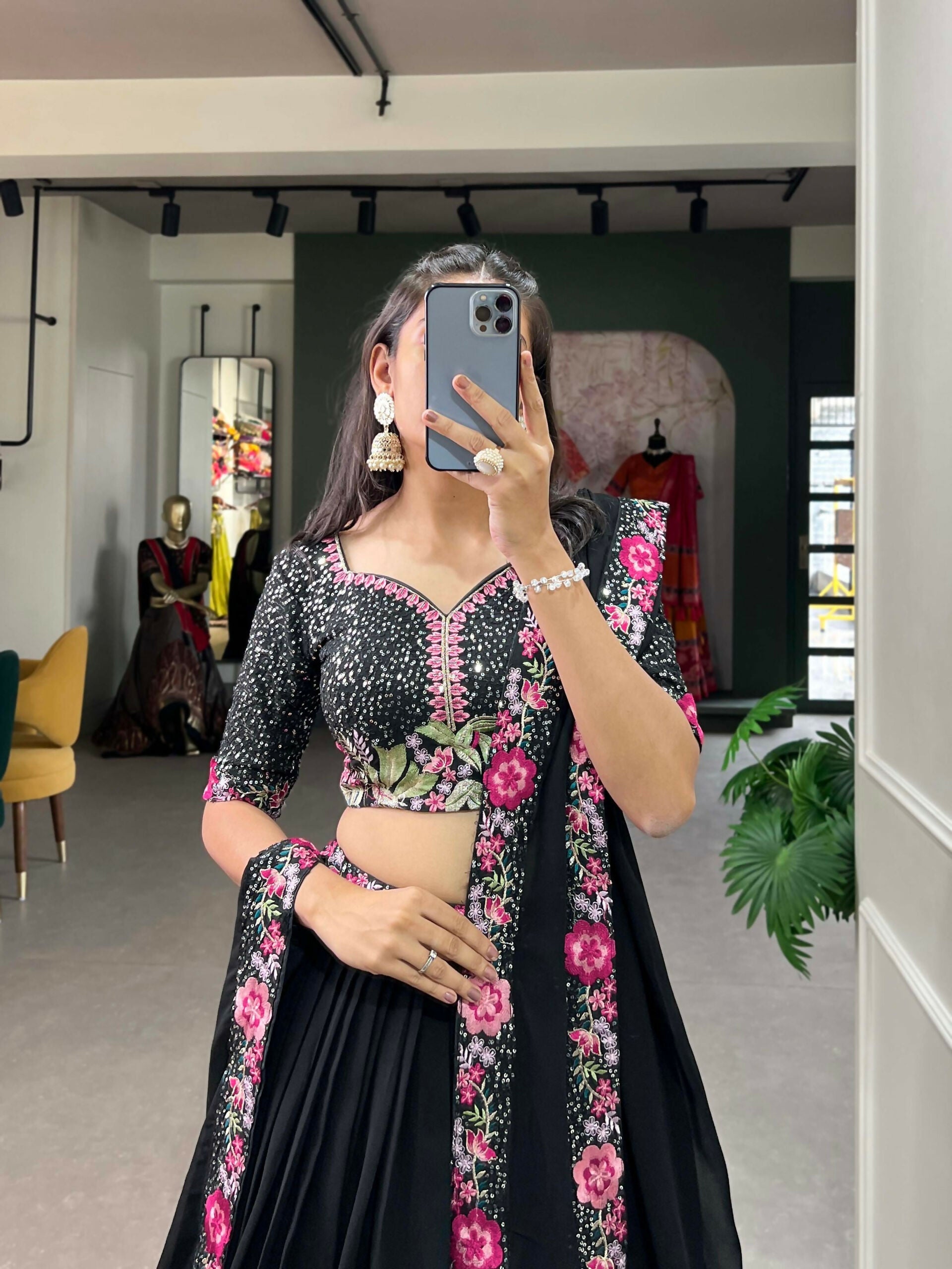 Vastranavya Party Wear Sequins And Delicate Embroidery Work Belt Lehenga Choli - Black