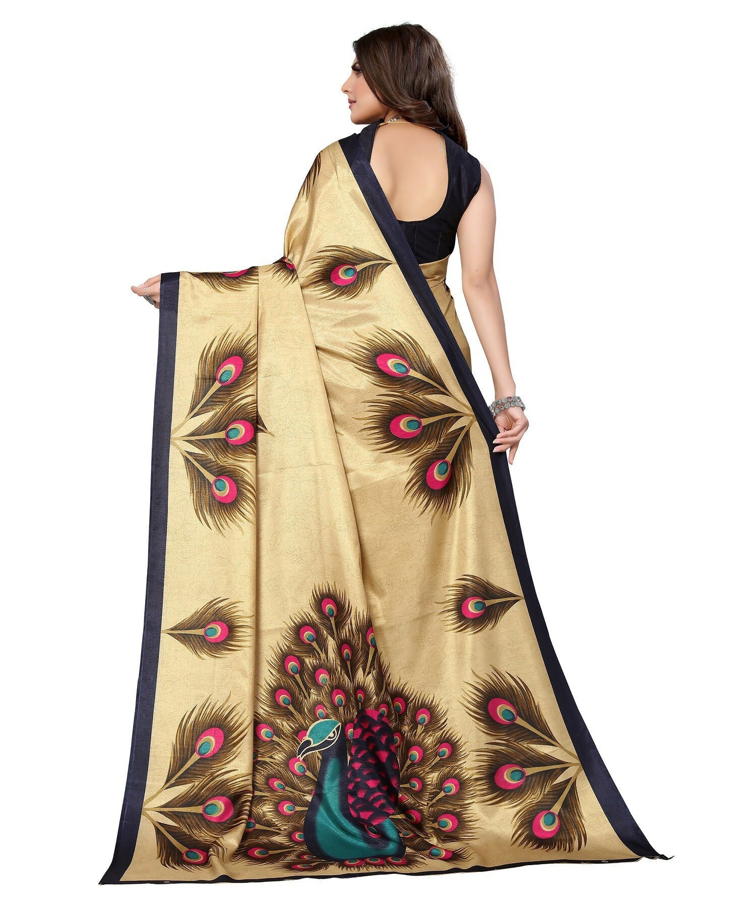 Vamika Golden Cream Printed Art Silk Saree