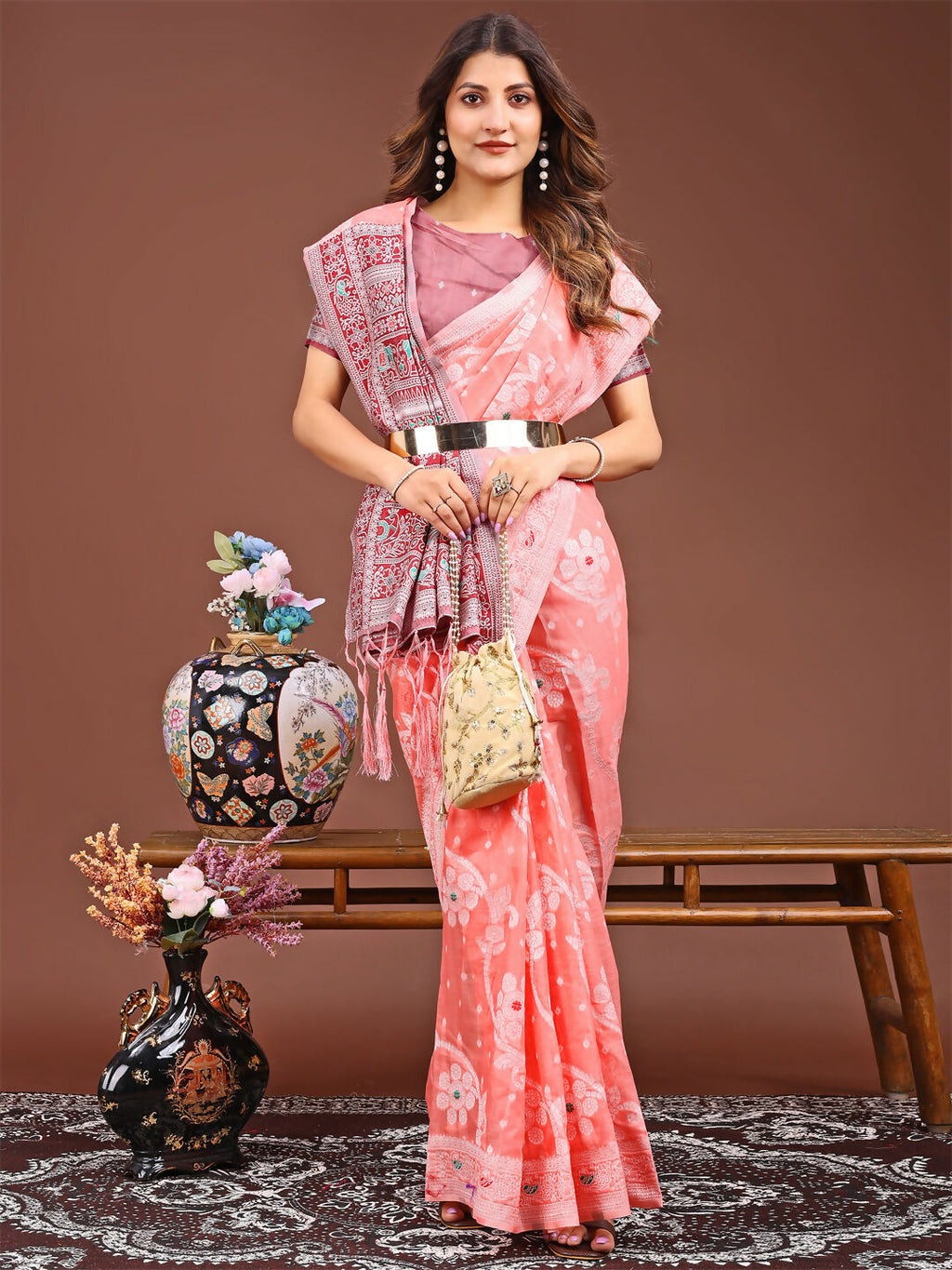 Shree Shyam Fashion Anaya Peach Linen Cotton Saree
