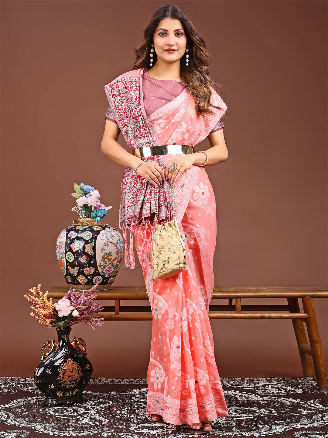 Shree Shyam Fashion Anaya Peach Linen Cotton Saree