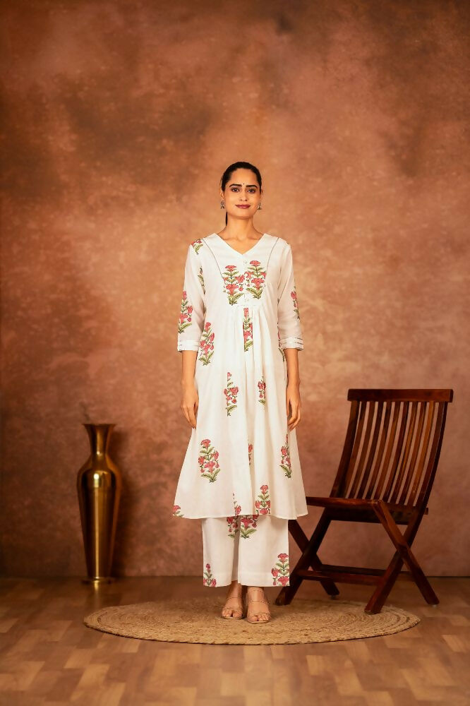 Joban Fashion Off White Pink Hand Block Printed Cotton Suit Set - Distacart