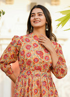 Kaajh Women's Yellow-Red Floral Hand Block Print Cotton Dress - Distacart