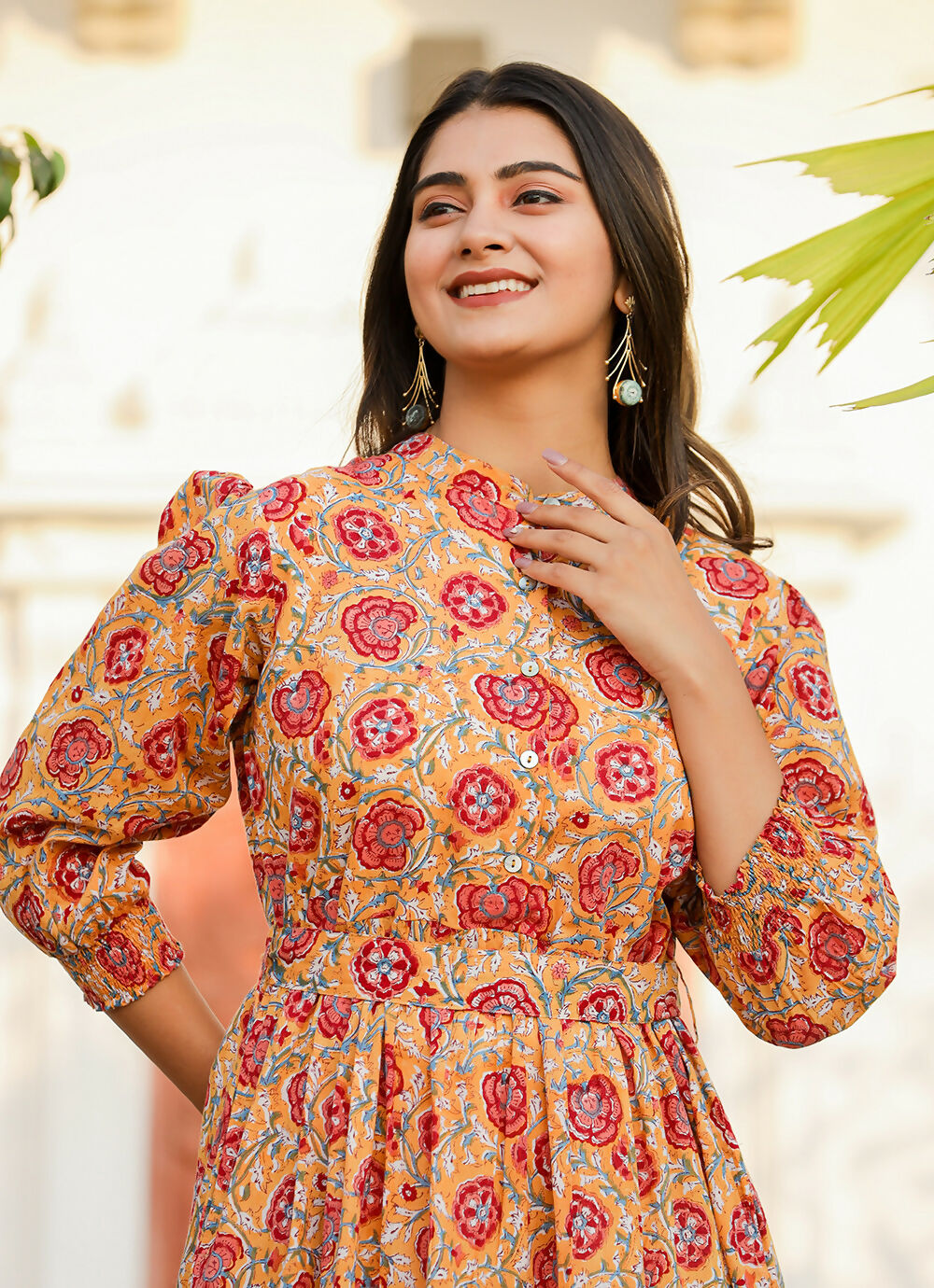 Kaajh Women's Yellow-Red Floral Hand Block Print Cotton Dress - Distacart