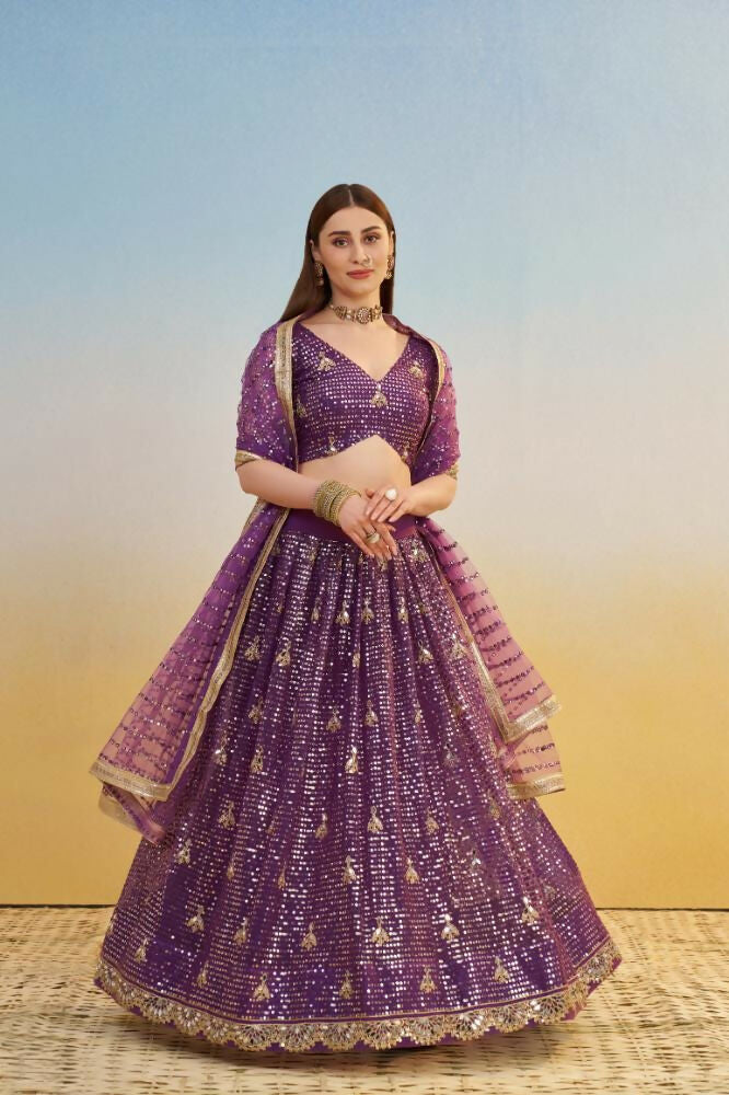 Aastha Fashion Dark Purple Butterfly Net Tone To Tone Thread Work, Sequence Work And Original Mirror Work Embroidery Wedding Wear Lehenga Choli
